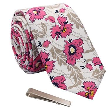 Imagem de WITZROYS Conjunto de gravata masculina de algodão floral skinny tie and tie bar, ótimo para casamentos, noivos, padrinhos, Branco e rosa vermelho A34, 2.35"x 58" (6x148cm)