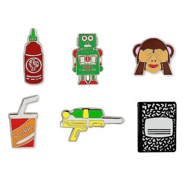 Imagem de Just For Laughs Pacote com 6 pinos esmaltados Pincredibles (Sriracha, robô retrô, emoji de macaco sem ver mal, copo de goma, caderno de composição, pistola de água), one size
