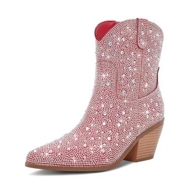 Imagem de RONILURN Botas de cowboy femininas cowgirl, botas ocidentais, salto grosso, moderno, confortável, zíper lateral, Tornozeleira vermelha, 36