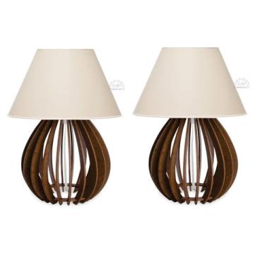 Imagem de Par de Abajur Luminaria mesa de cabeceira Quarto Madeira Marrom - MEGA