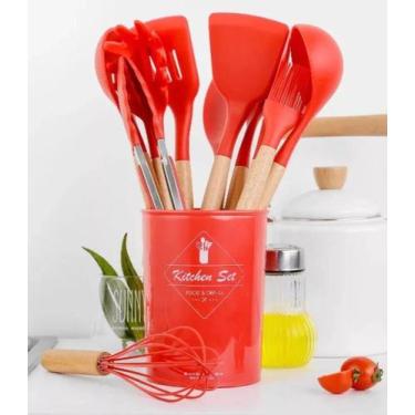 Imagem de Conjunto de utensílios de cozinha de silicone punho de madeira espátul