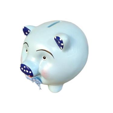 Imagem de Cofrinho Cofre Porco Laço Pequeno Ceramica Azul - Decore Casa