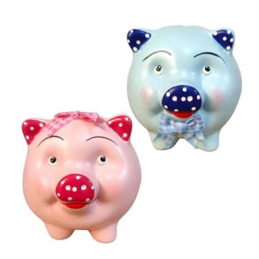 Imagem de Cofrinho Cofre Porco Laço Kit 2 Peças Ceramica Rosa e Azul - Decore Ca