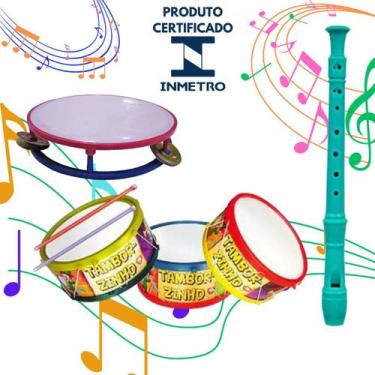 Imagem de Kit Com 3 Instrumentos Musicais Para Crianças Pandeiro Flauta e Tambor