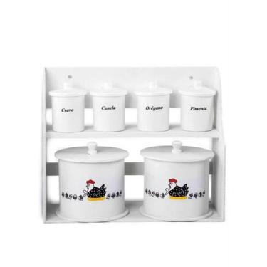 Imagem de Kit Suporte + 6 Porta Condimentos Mantimentos Branco Galinha Ninho - J