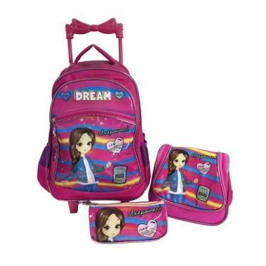 Imagem de Kit Escolar Infantil 3 Peças Mochila De Carrinho Com Rodinhas, Lanchei