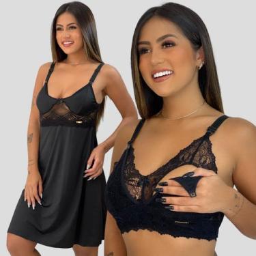 Imagem de Kit Amamentação Camisola Renda + Sutiã Renda Poliamida Gestante - Char