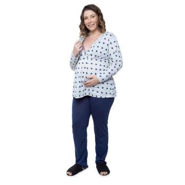 Imagem de Pijama Longo Grávida Plus Size Amamentação Mescla Coração Linda Gestan
