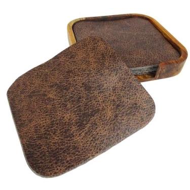 Imagem de Descanso de copo luxo porta copo couro com suporte em madeira - Carmis