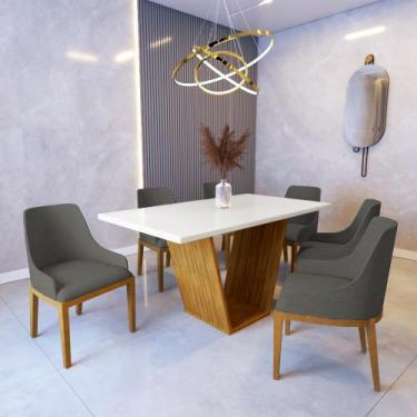 Imagem de Mesa de Jantar 1,6m Safira Off White com 6 Cadeiras Elisa Linho Chumbo