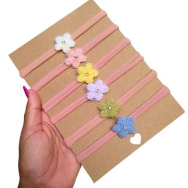 Imagem de Kit 6 Faixas Laço Flor Pelúcia De Cabelo Rn Bebê Meia Seda - Nina e Me