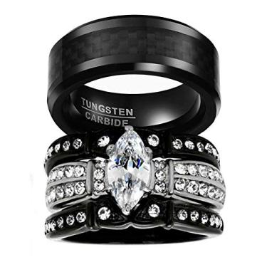 Imagem de Conjuntos de anéis de casamento para ele e ela da Gy Jewelry para casais combinando anéis de noivado feminino preto zircônia cúbica preta anéis de casamento conjuntos de noivado e aliança de casamento masculina de carboneto de tungstênio