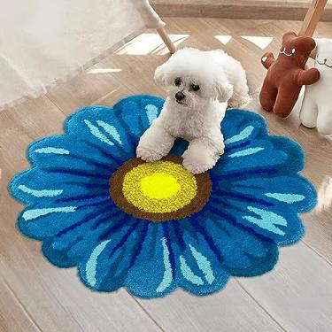 Imagem de Abeigoi Tapete de margarida, tapete felpudo feito à mão, tapete de banheiro antiderrapante, lavável, tapete floral macio grosso para banheiro/vaso sanitário/chuveiro (azul, 66 cm)