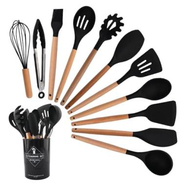 Imagem de Kit 12 Utensílios para Cozinha em Silicone e Cabo de Madeira, Antiaderente, Resistente ao Calor, Jogo de Talheres - Linha Premium Occhioro (Preto)