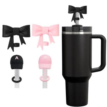 Imagem de HIUSITY Cobertura de palha de laço rosa para Stanley Cup, topo de palha preto de silicone para copo com alça 1,134 g, tampa fofa de 10 mm/0,4 pol, tampas de palha reutilizáveis para acessórios Stanley