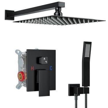 Imagem de ShiureBath Conjunto de Torneiras de Chuveiro de 12", Sistema de Chuveiro com Chuveiro de Chuva e Chuveiro de Mão, Acessórios de Chuveiro de Chuva Montados Na Parede, Preto Fosco