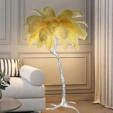 Imagem de Lâmpada de pé de resina com corpo de lâmpada prateada Lâmpada de piso de pena de avestruz natural, lâmpada de pé simples regulável em 3 cores, luminária moderna para quarto, sala de estar