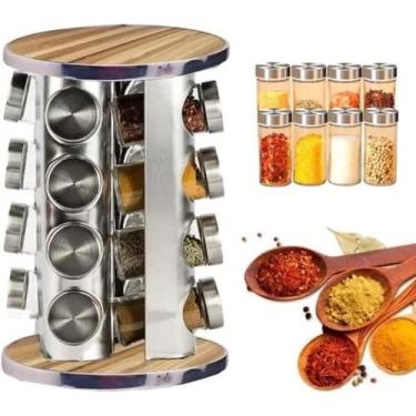 Imagem de Porta Temperos Giratório em Inox e em cor Madeira, Organizador com 16 Potes de Vidro