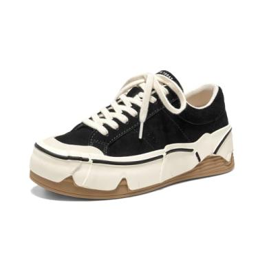 Imagem de BEAU TODAY Tênis feminino de plataforma, tênis de camurça, casual com cadarço, cano baixo, confortável e moderno, Preto, 37