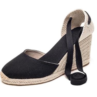 Imagem de U-lite Sandália feminina espadrille rasteira fechada no tornozelo, cadarço clássico verão elegante sapatos rasos, Tela preta - 7,6 cm, 37