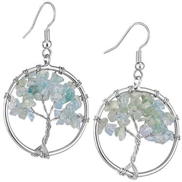 Imagem de Nupuyai Brincos com pingente de árvore da vida, brincos de gancho de pedras polidas para mulheres, Pedra Metal, Pedra de cristal de água-marinha,