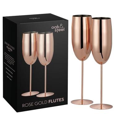 Imagem de Oak & Steel - Set of 2 Rose Gold Champagne Flutes (10 oz) Stainless Steel Stemmed Champagne Glasses for Mimosa, Prosecco, Toasting, Gift for Bride & Groom, Wedding, Christmas, Valentines, Anniversary