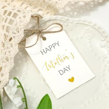 Imagem de FYSUIMU 50 etiquetas de presente de feliz dia dos pais com corda de cânhamo de 2,5 m folha dourada pendurada para aniversário da mãe, decoração de lembrancinha de festa DIY