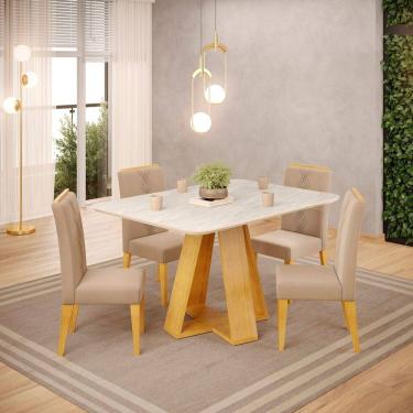 Imagem de Conjunto Sala de Jantar Mesa Tampo de Vidro 1,20 com 4 Cadeiras Kiara Cedro/Quartzo/Kraft