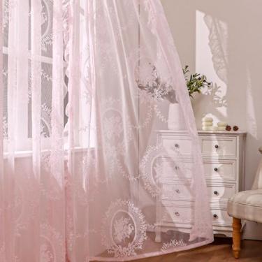 Imagem de LOHUT Cortinas de renda rosa de 153 cm de comprimento para quarto, conjunto de 2 painéis, lindas cortinas vintage com bordado floral transparente, bolso para varão, 137 x 163 cm, rosa