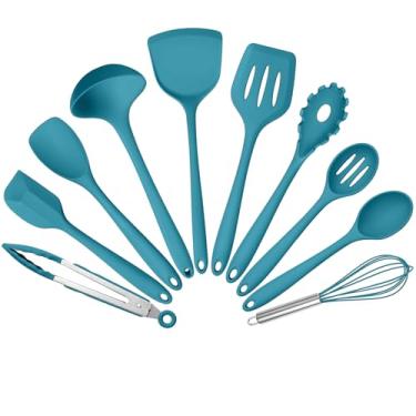 Imagem de Conjunto de 10 utensílios de cozinha de silicone, conjunto de utensílios de cozinha para cozinhar, 230 °C, utensílios de cozinha de silicone resistente ao calor com espátula, concha de sopa, colheres