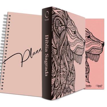 Imagem de Kit Leão Rosa - Planner Capa Lisa + Bíblia Capa Dura naa + Marca Página