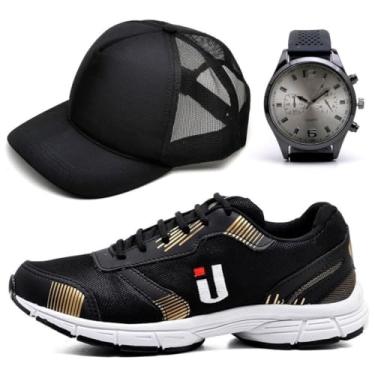 Imagem de Tênis Masculino Esportivo Academia Caminhada Acompanha Brindes Boné e Relógio (Dourado, BR, Adulto, Numérico, 37)