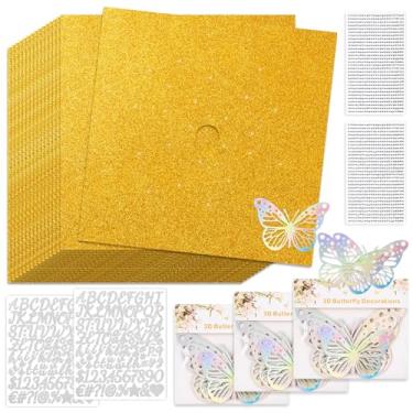 Imagem de Kit de decoração de boné de formatura, 15 peças de papel de construção de cartolina com glitter para boné de graduação com 3 pacotes de adesivos de borboleta, 2 folhas de adesivos de strass, 2 folhas