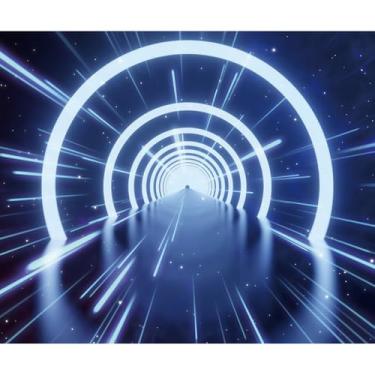 Imagem de DORCEV Cenário futurista de 3,7 x 3 m com tema de ficção científica, curvas brilhantes, estação espacial, túneis, fotografia, azul, néon, escuridão, nave espacial, neon brilhante, túnel subterrâneo