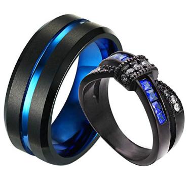 Imagem de ringheart Dois anéis de casal branco e azul aço titânio 8 mm aliança de casamento masculina azul CZ anel de casamento feminino, women's size 7 & men's size 8, Papel, Zircônia cúbica