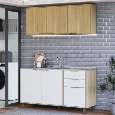 Imagem de Cozinha Compacta Helena 120 Cm Helena 6 Portas 2 Gavetas Castanho/Off White - Panorama Móveis