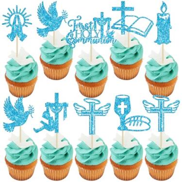 Imagem de Ephlyn 32Pcs First Holy Communion Cupcake Toppers Glitter Dove Cross God Bless and Baptism Cupcake Picks First Communion Theme Baby Shower Birthday Party Cake Decorations Supplies Blue