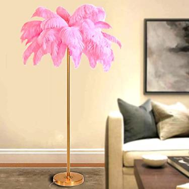 Imagem de Lâmpada de LED moderna, luminária de chão de penas de avestruz com interruptor de pé, corpo de lâmpada dourada, lâmpada de penas de cabeceira para escritório, sala de estar, quarto