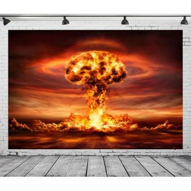 Imagem de CORFOTO Tecido de fundo de explosão nuclear, 2,1 x 1,5 m, bomba nuclear explosiva mágica, cogumelo, nuvem, fogo, natureza, fundo para decoração de festa com tema de desastre químico, adereços de