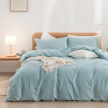 Imagem de Conjunto de capa de edredom Bestouch100% algodão e linho lavado, supermacio, confortável, chique, leve; jogo de cama casal extragrande verde suave liso com 3 peças