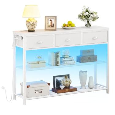 Imagem de Furologee Mesa de console de 96,5 cm com 3 gavetas, mesa de sofá pequena com luzes e tomadas, mesas de corredor com prateleiras de 3 níveis, mesa de console branca estreita para entrada, sala de estar