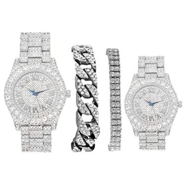 Imagem de Conjunto de relógio hip hop Bling'ed Out King and Queen, perfeito para casais poderosos!! para exibir dentro e fora da pista de dança - ST10325/ST10364 para ele e para ela, ST10327 Prata e prata, Mens