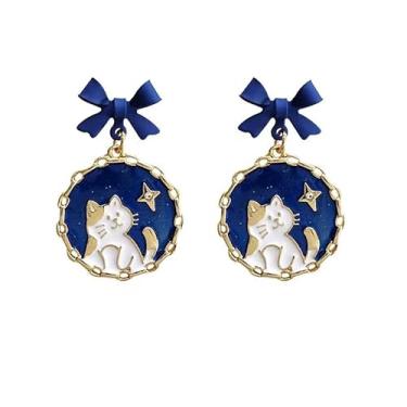 Imagem de Leeniuniu Brincos circulares geométricos retrô fofos com laço azul de gato para mulheres, joias de festa, Large, Metal, Sem pedra preciosa