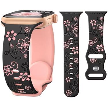 Imagem de G-ficu Pulseiras de silicone floral para Apple Watch séries 10, 9, 8, 7, SE, 6, 5, 4, 3, 4 e 3 de 41 mm, 40 mm e 42 mm (série 10) de 38 mm