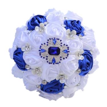 Imagem de Gkvszy Buquê de noiva azul real e branco para noiva, dama de honra, quinze anos, com broche azul, strass, cetim rosa, buquê de flores, branco e azul royal, 22 cm