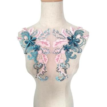 Imagem de Aplique bordado de lantejoulas de malha, aplique de renda de flor, faça você mesmo, costurar em roupas, vestido de casamento, decoração de vestido de casamento, 1 par (rosa + azul)