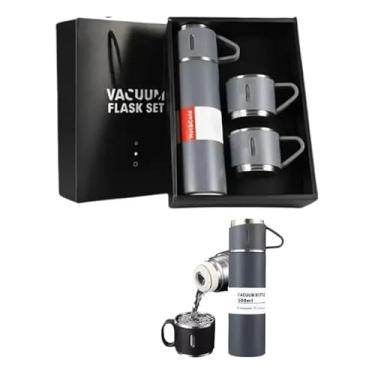 Imagem de Garrafa Térmica Inox 500ml com Tampa Estilo Copo, 23cm, para Bebidas Quentes e Frias, Kit com 3 Xícaras (Cinza)