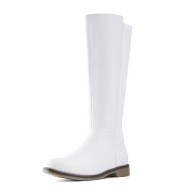 Imagem de Shoe'N Tale Botas femininas na altura do joelho, salto baixo, bico redondo elástico com zíper lateral, Malha PU branca, 40