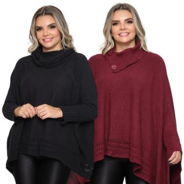 Imagem de Kit 2 Poncho Feminino Tricot Mousse Liso Gola Alta Casaco Lã - Rosilen