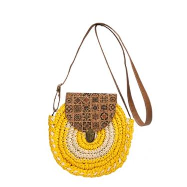 Imagem de SHAREYOIU Bolsa feminina Boho feita à mão de tecido natural, bolsa redonda de palha de ombro de palha para praia, Amarelo